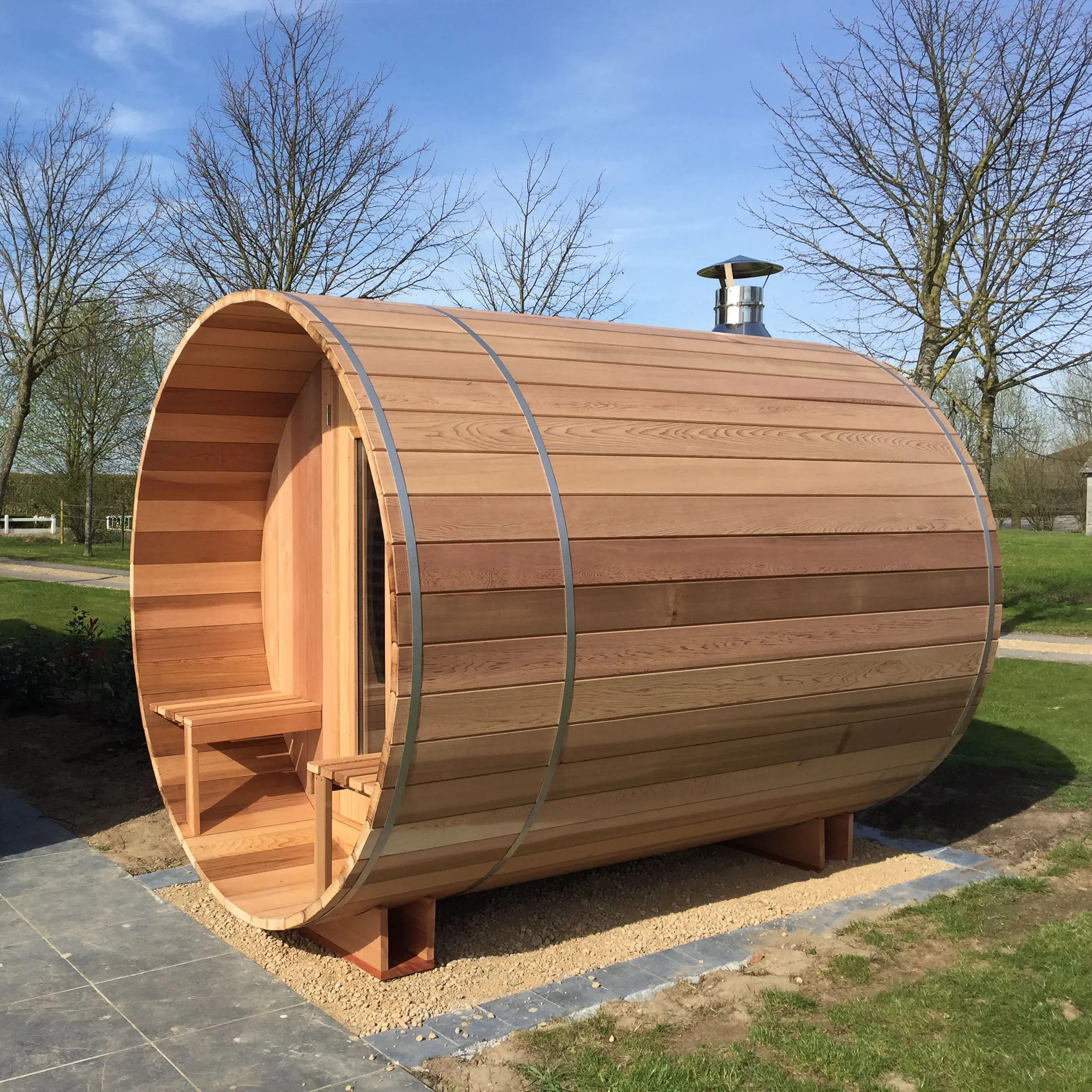 Saunabarrel 270cm compacte barrelsauna in tuin in Waregem